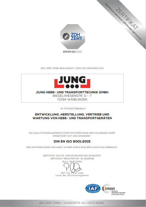 德国JUNG品牌 DIN EN ISO 9001标准认证证明