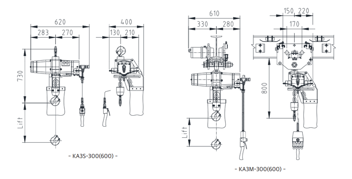 KHC KA3型氣動葫蘆尺寸圖
